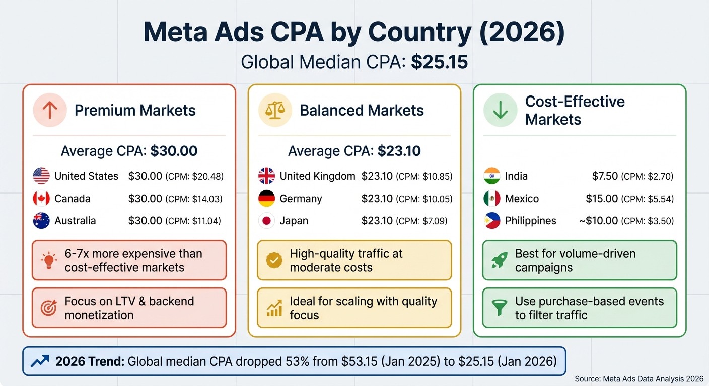 Meta Ads CPA by Country 2026: Premium vs Balanced vs Cost-Effective Markets