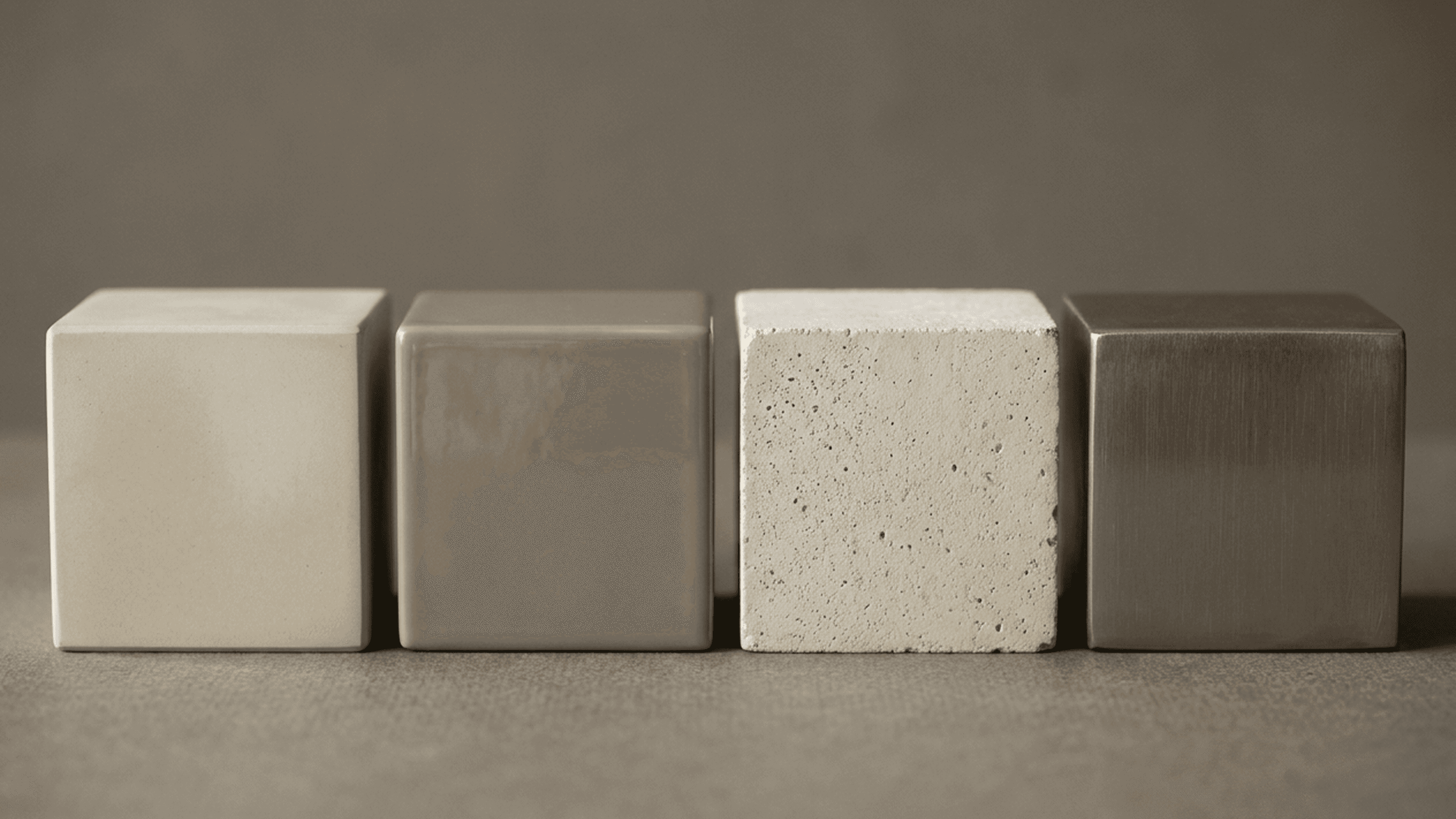 Four same-sized cubes side by side, each with a different finish: matte, glazed, porous concrete and brushed metal.