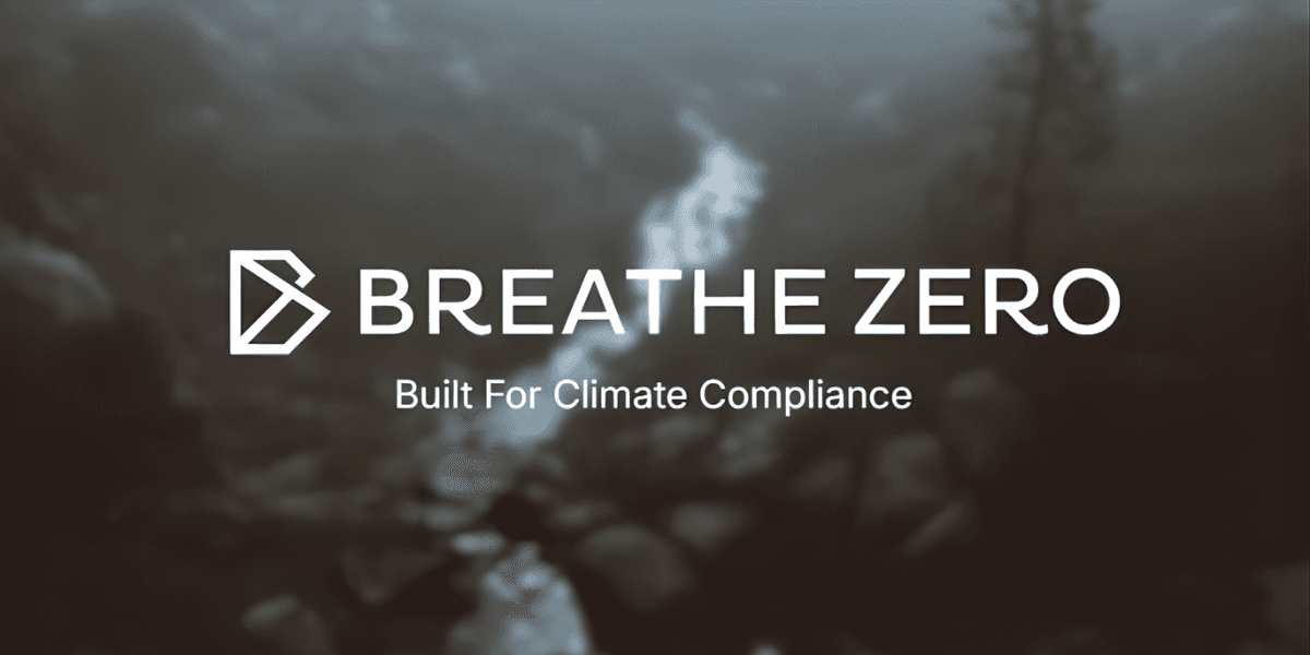 "Breathe Zero logo with a blurred nature background, representing AI-driven climate compliance solutions for businesses in regulatory reporting."
