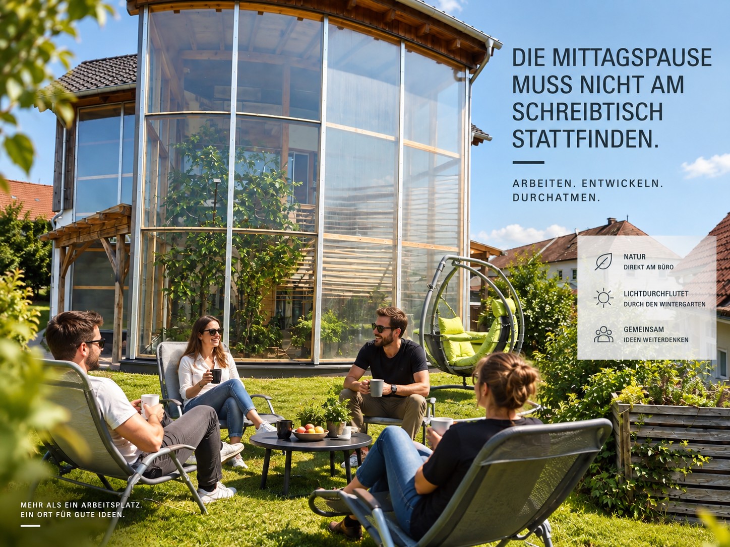 Nutzungsvisualisierung einer Teampause im Garten vor dem Wintergarten