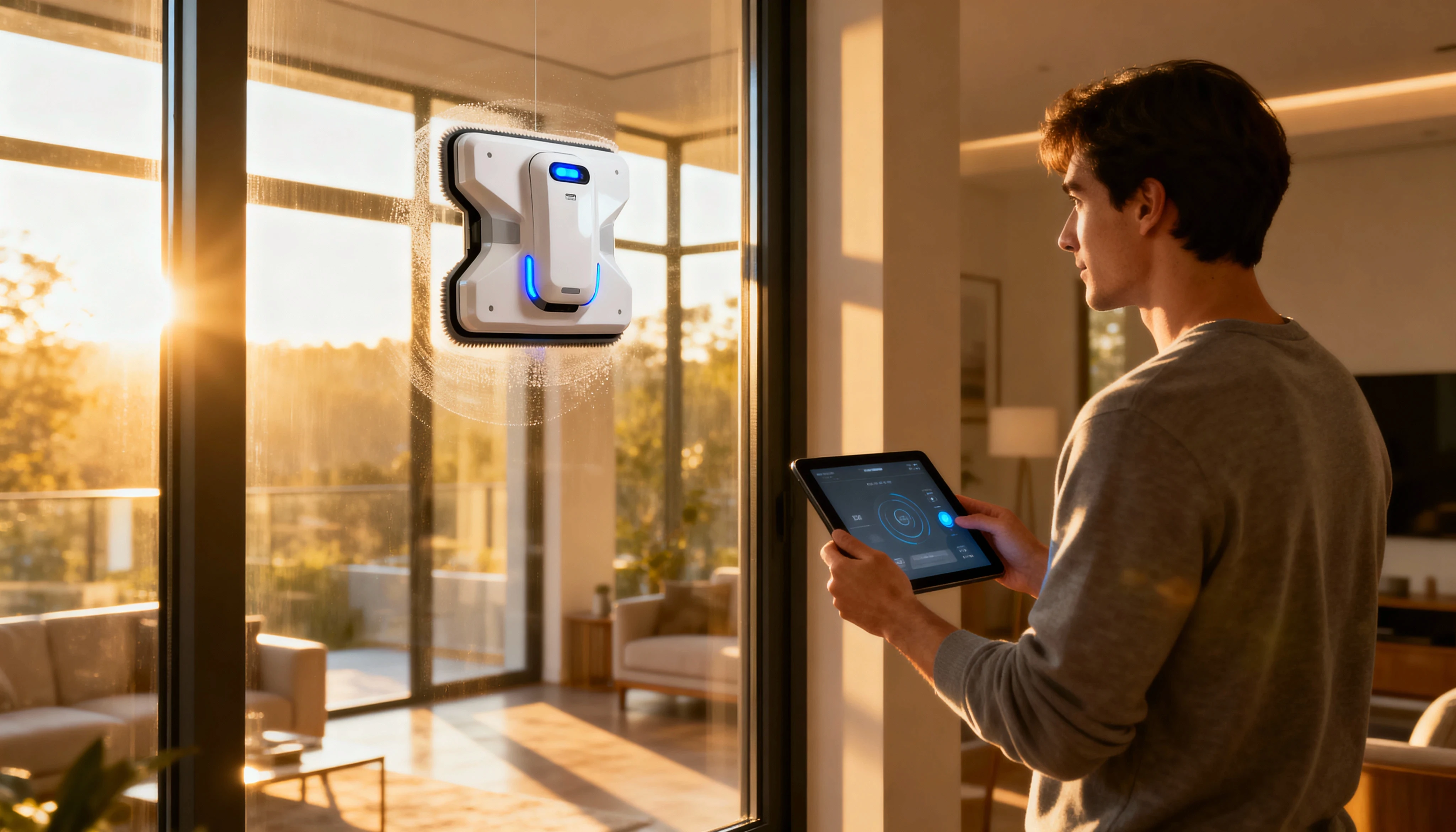 Man looking out a window while holding a tablet to manage home automation.