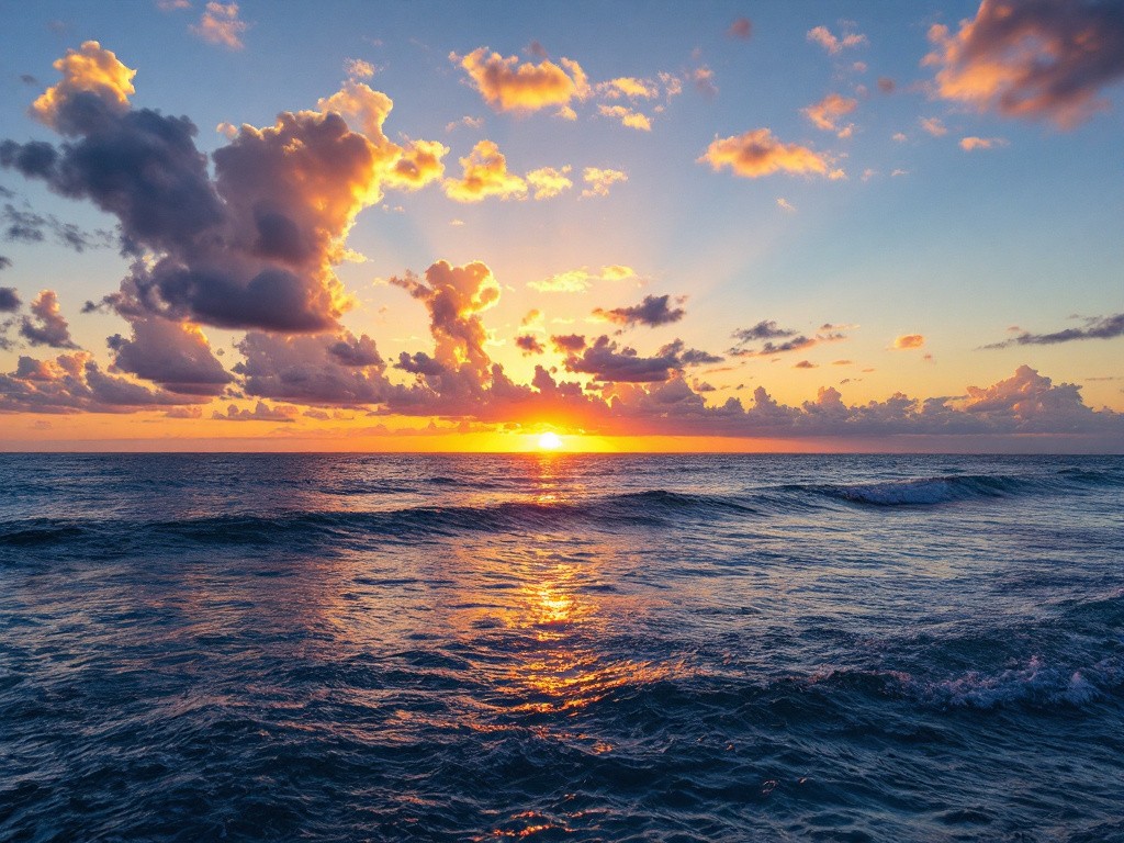 A beautiful sunset over the ocean with clouds in the sky