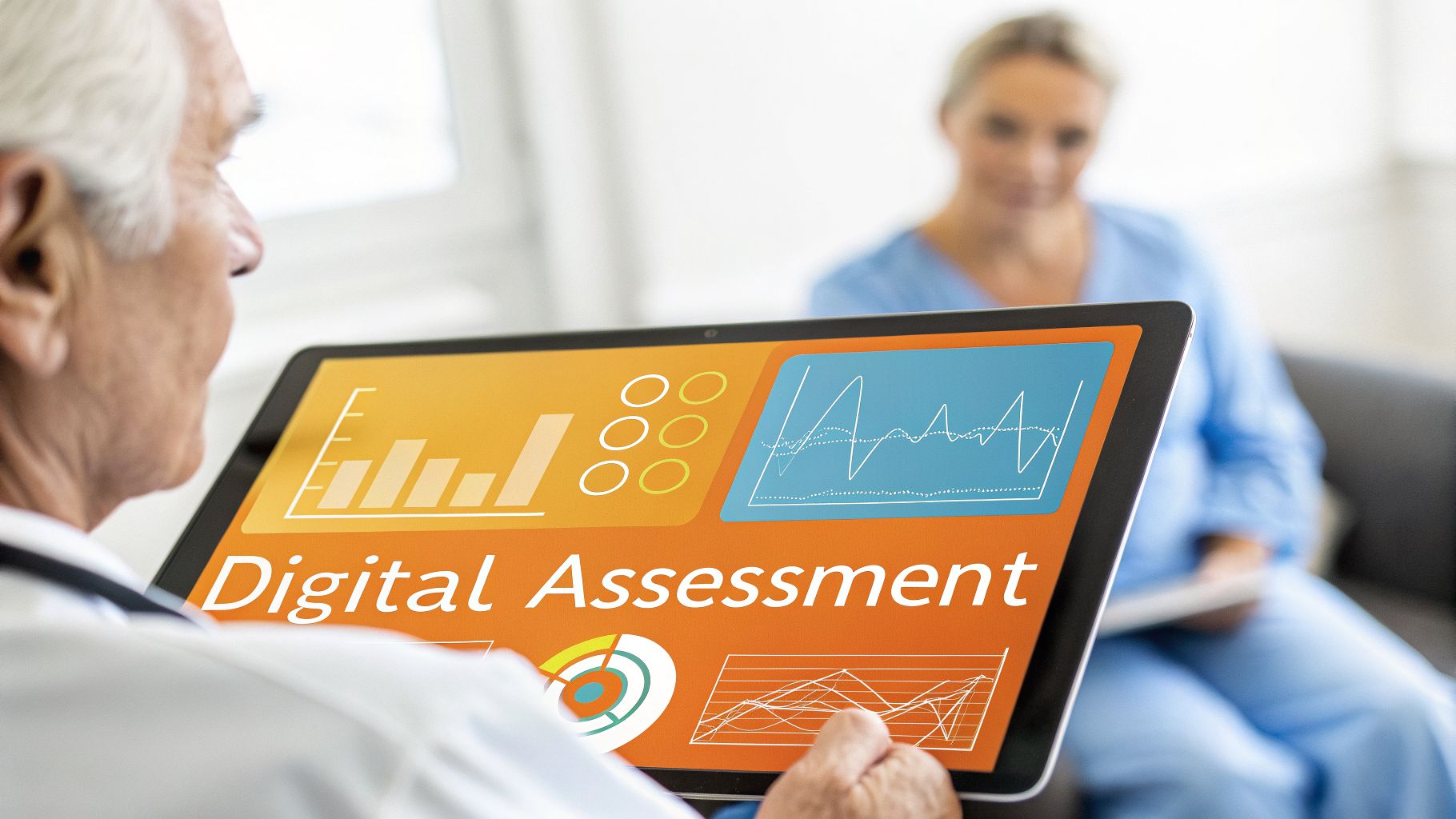 A doctor holds a tablet displaying 'Digital Assessment' with charts and graphs, in front of a blurred patient.