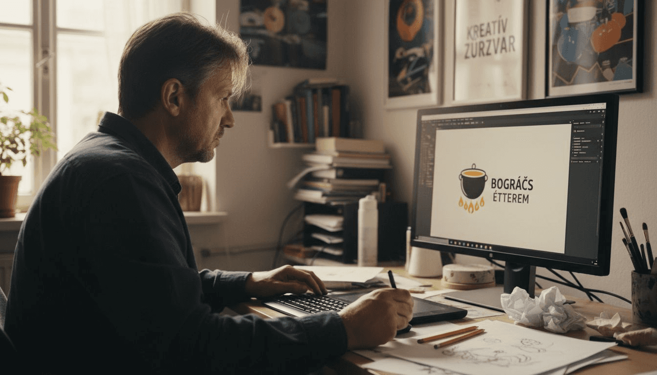 Egy grafikus férfi éppen egy étterem új logóját tervezi.