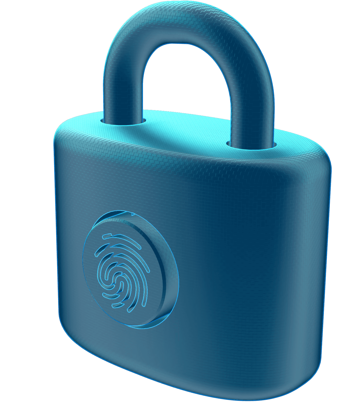 Blue 3D padlock with a fingerprint icon representing security