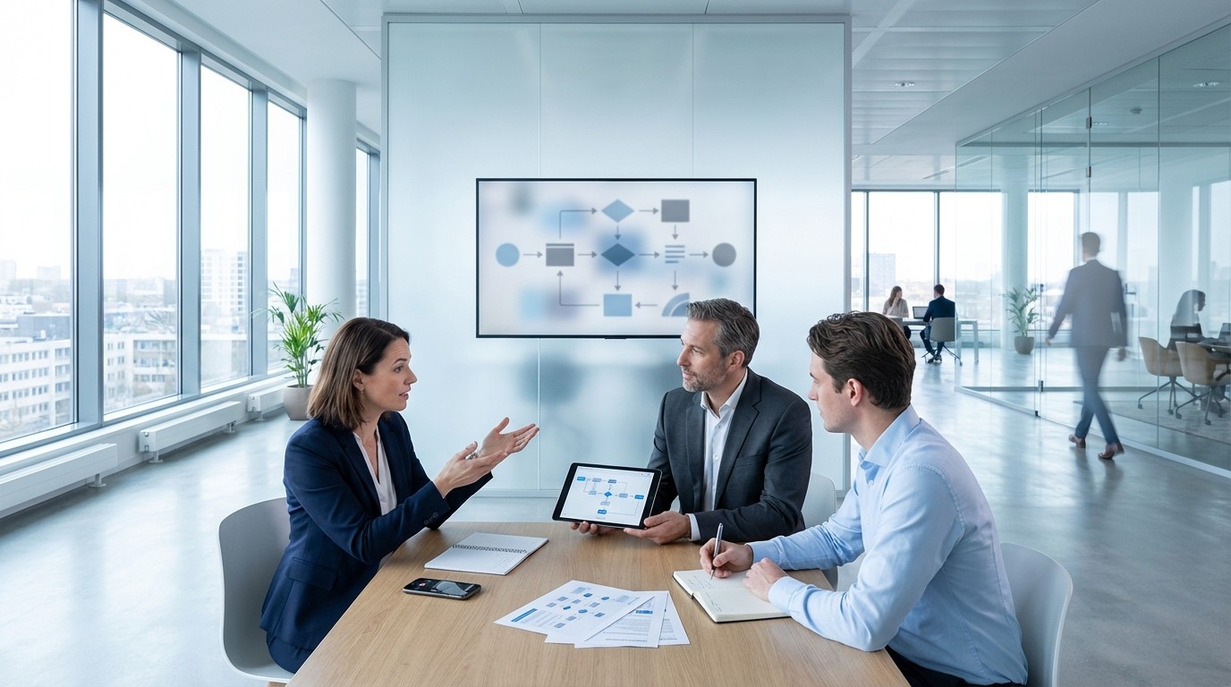 Professionals die een gesprek opnemen voor AI-geautomatiseerde procesontdekking