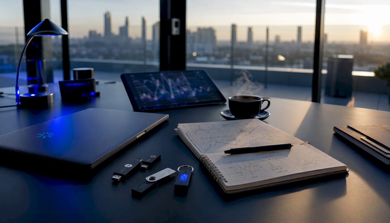 Overhead dark desk with blockchain tech tools