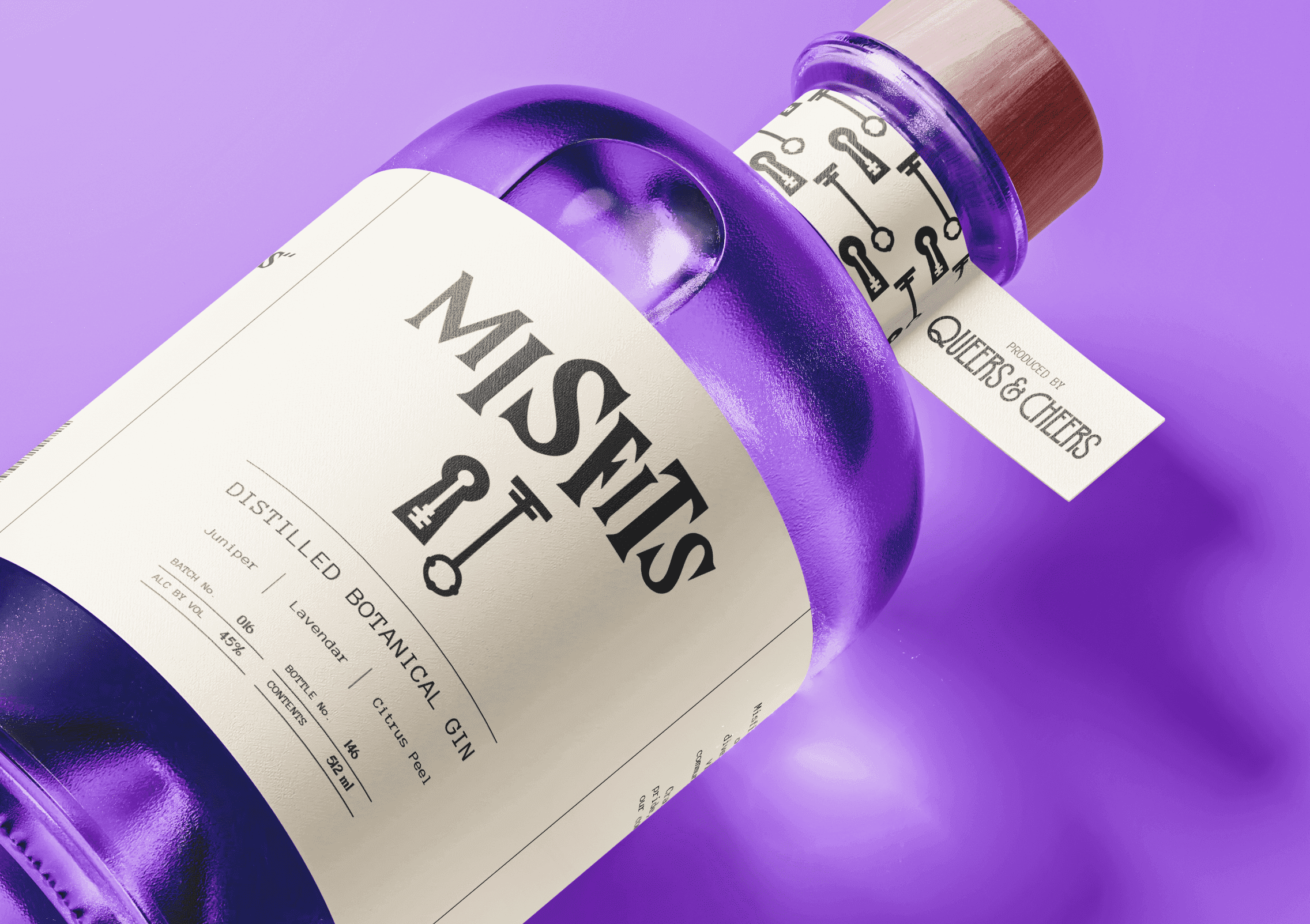 Metallic purple Misfits gin bottle with white label & Queers & Cheers tag.