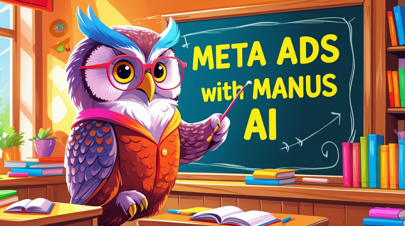 bright and colorful illustration of a wise owl teacher standing at a chalkboard. The owl is wearing glasses and holding a pointer, showing English letters written on the board: META ADS WITH MANUS AI