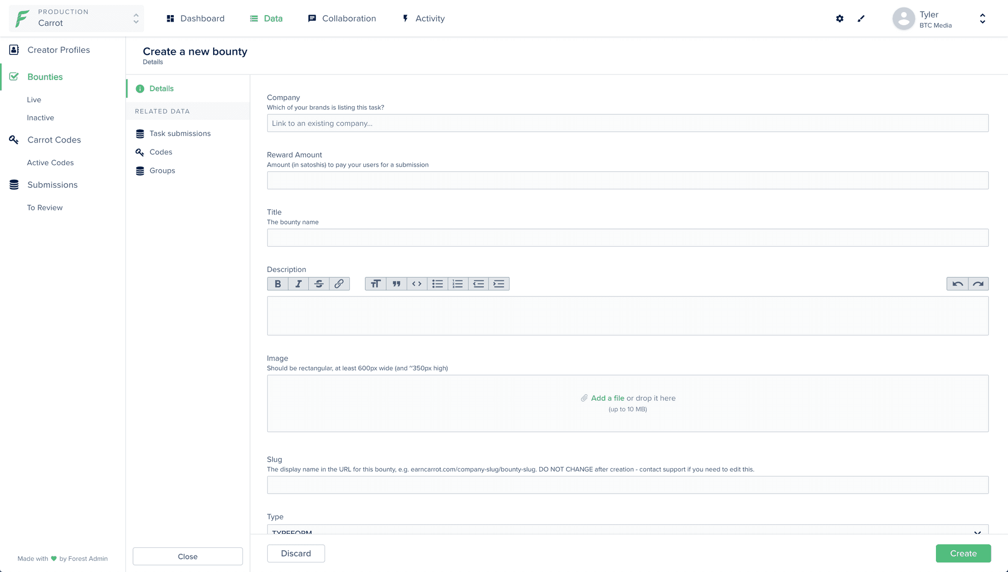 A Forest Admin creation form with various type of inputs.