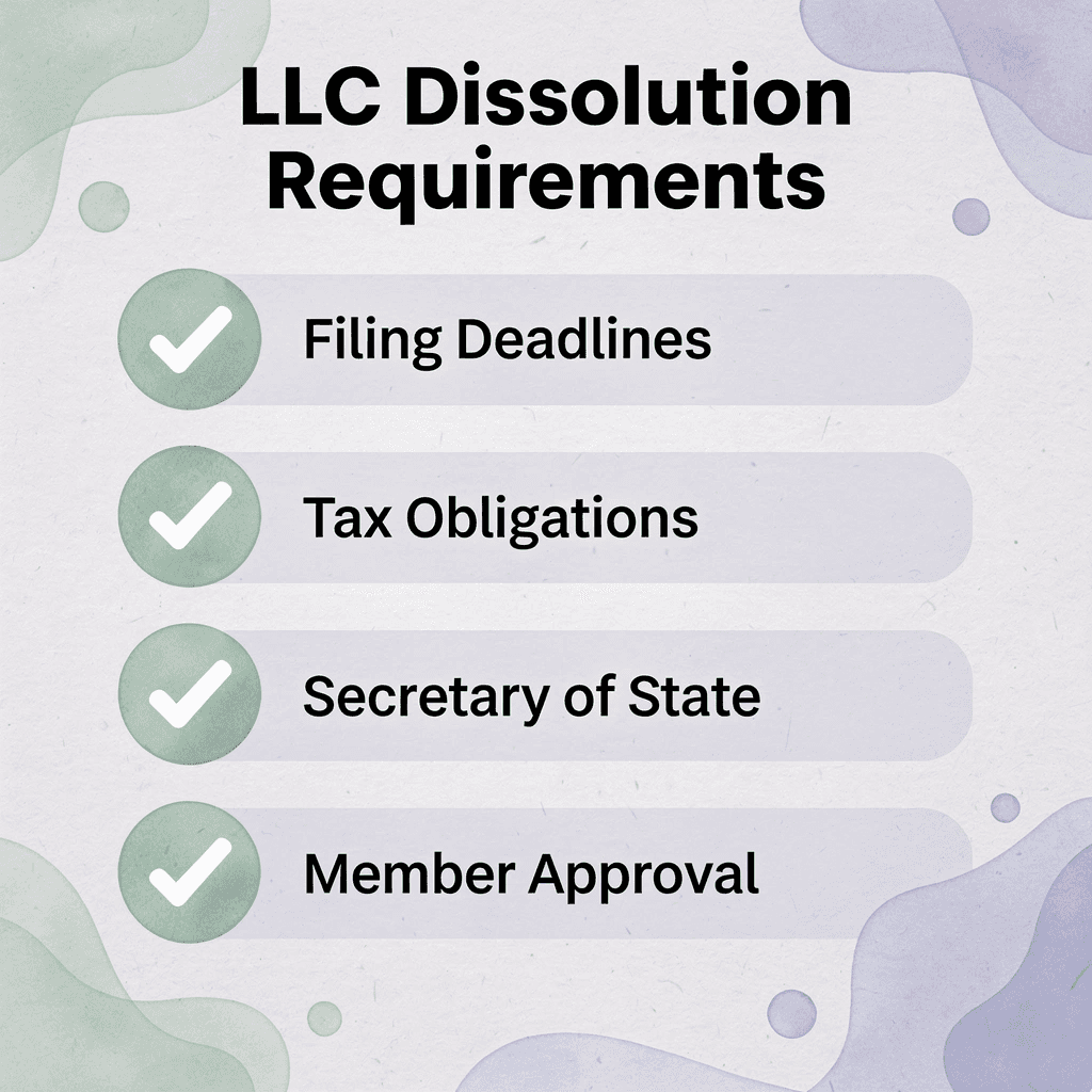 Checklist infographic showing key LLC dissolution requirements in Idaho