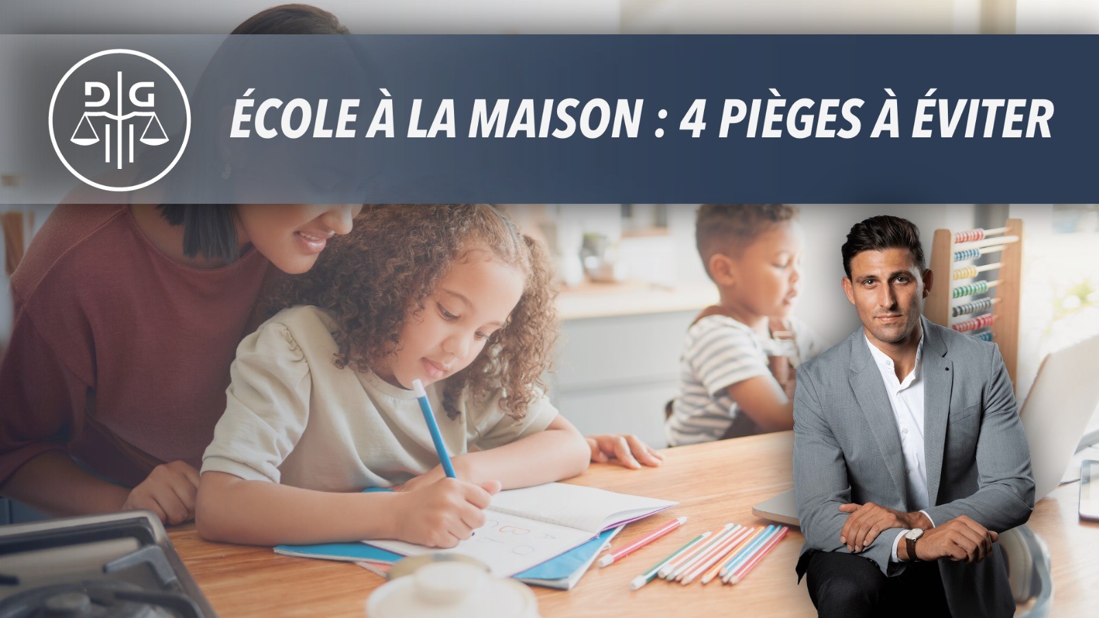 A banner featuring a child studying and a smiling adult, with text