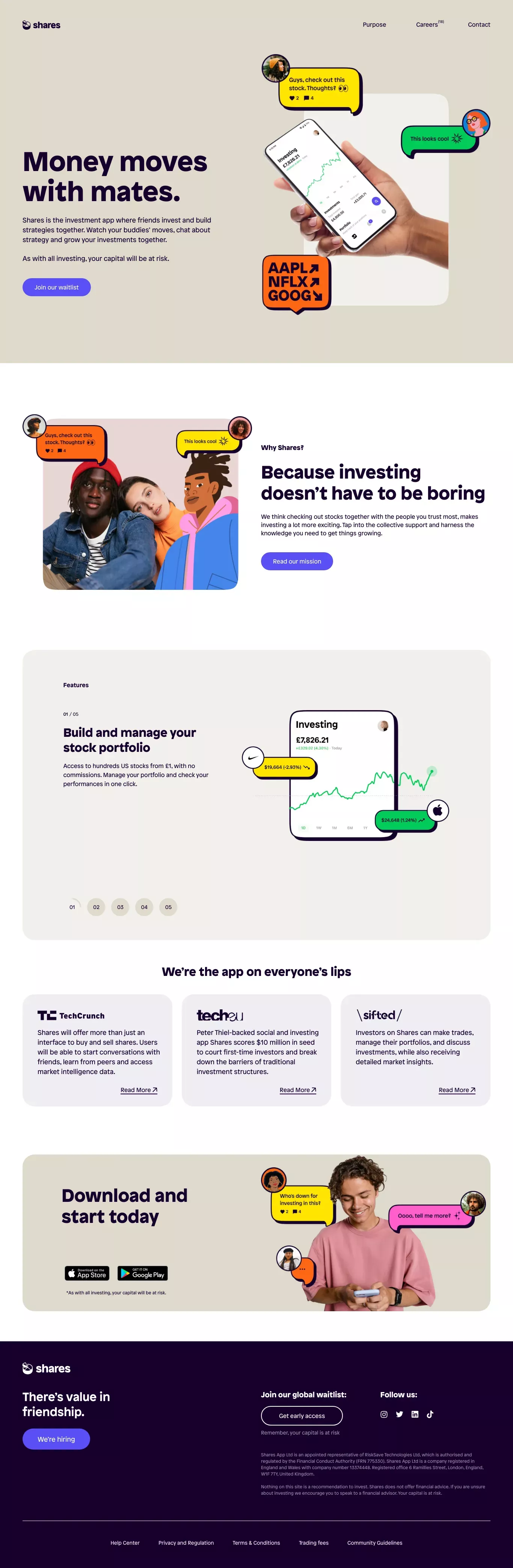 Shares â¢ Home landing page screenshot showcasing Tech and Finance design
