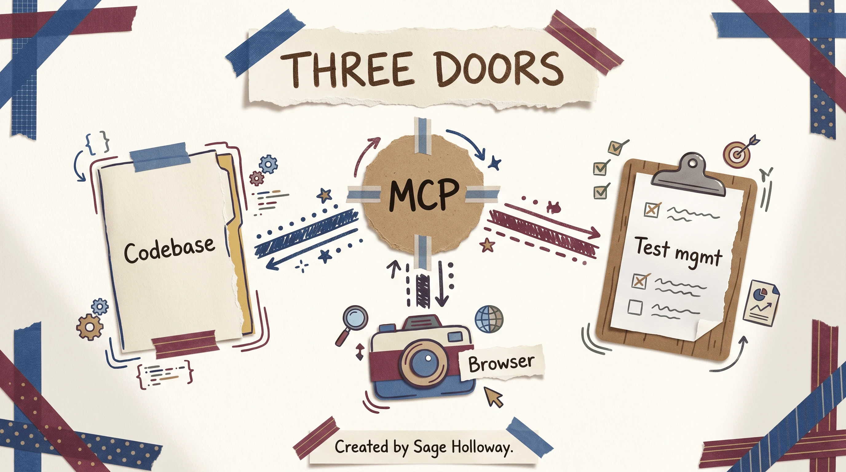 Scrapbook diagram of Claude Code MCP connecting a codebase, a browser, and test management for QA