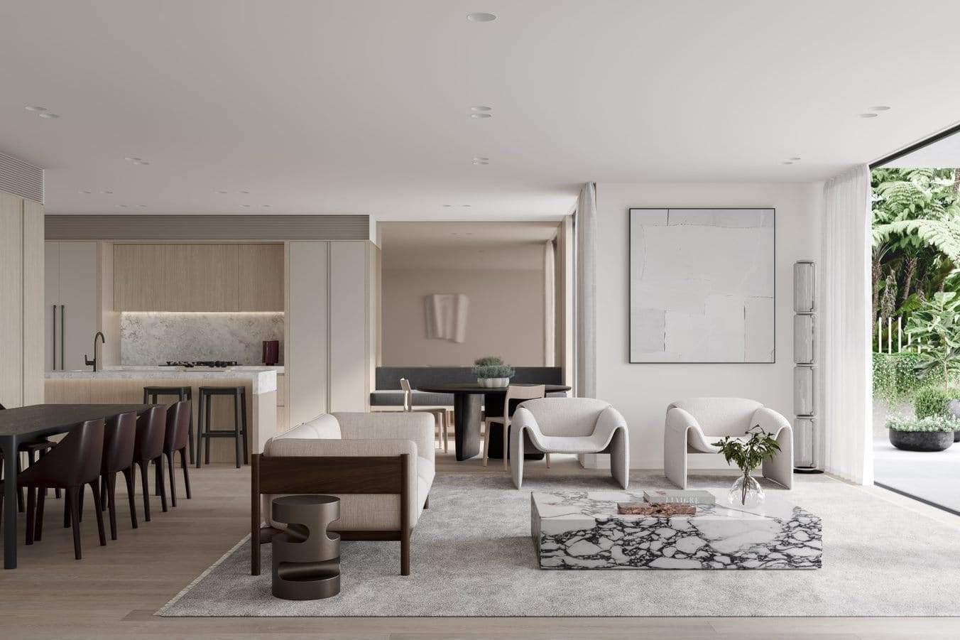 Spacious open-plan living and dining area at Cosmopolitan Parramatta featuring premium finishes, modern kitchen, and flexible layout.