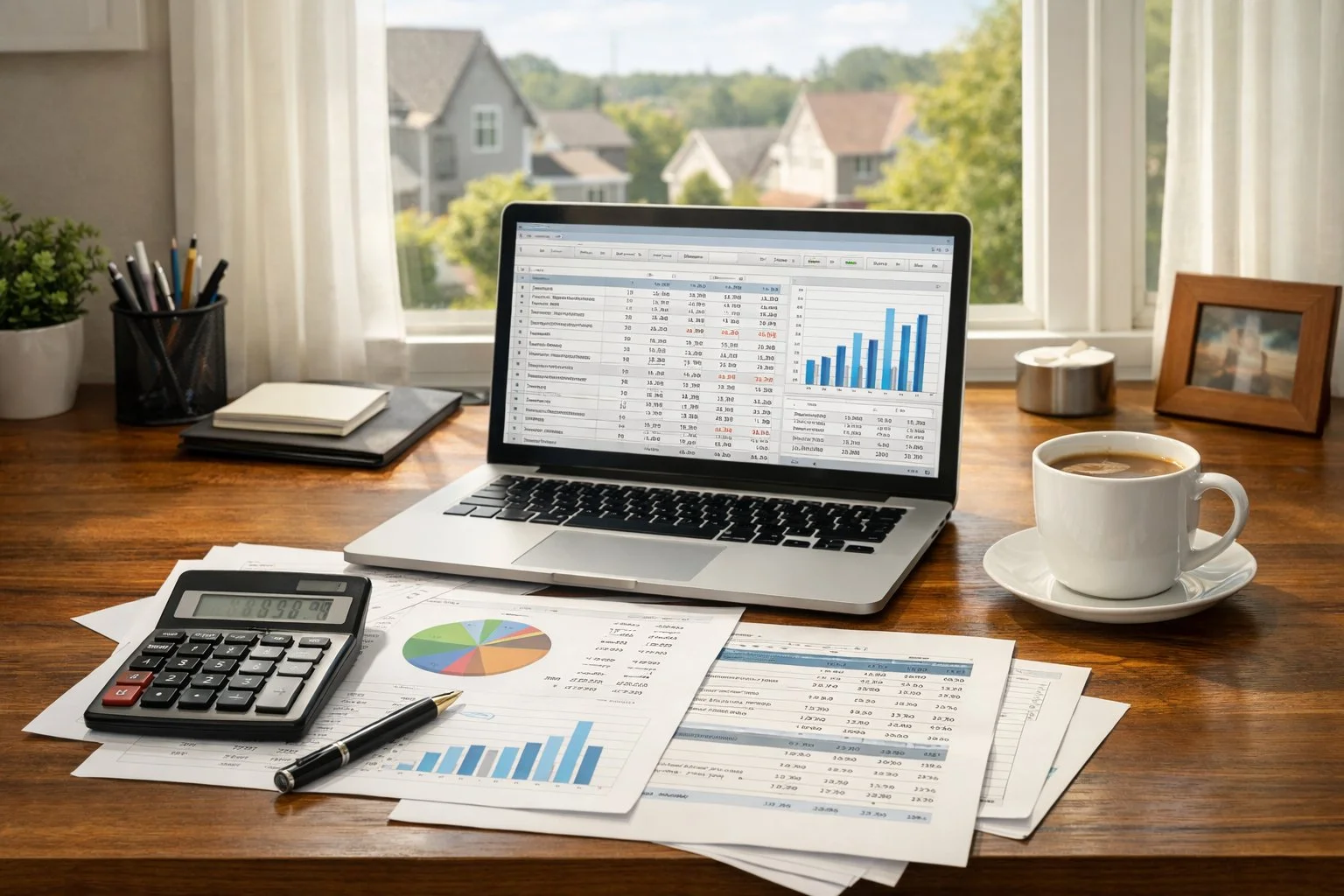 Home office desk with financial papers, a laptop displaying spreadsheets, a calculator, and a coffee cup.