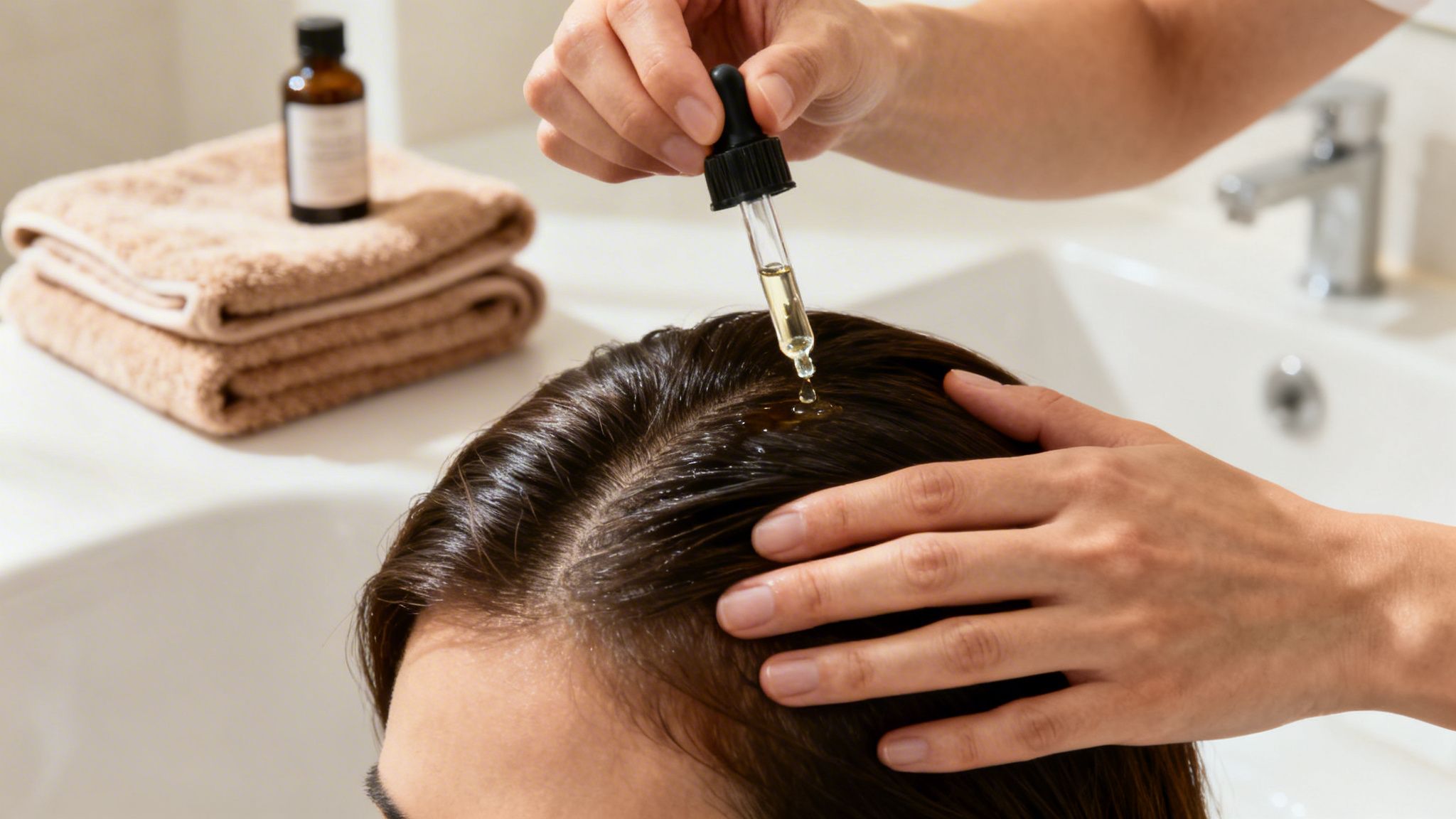 Close-up of a person applying hair oil to a scalp with a dropper for treatment.