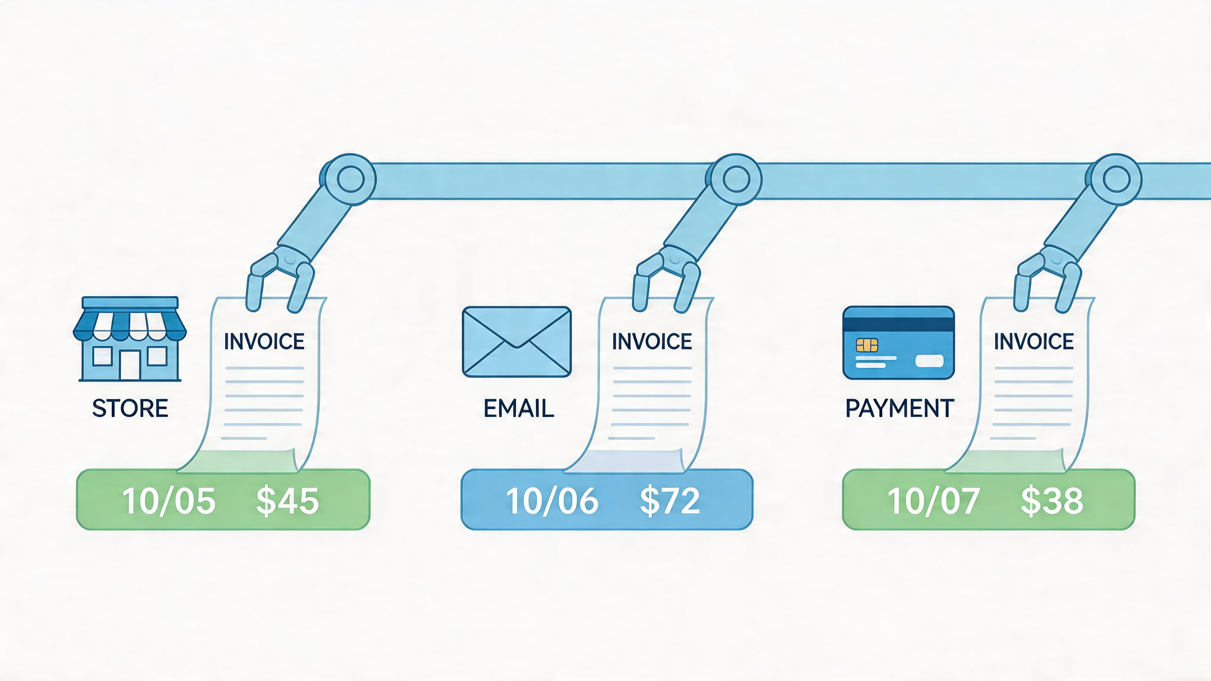 Automated robotic arms processing invoices from store, email, and payment sources with dates and dollar amounts.