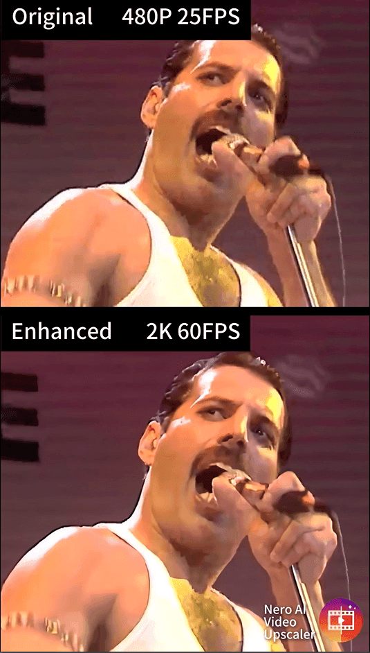 Freddie Mercury concert footage: Original 480P 25FPS vs Enhanced 2K 60FPS