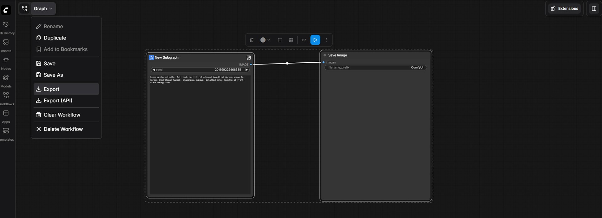 Image caption: Export the Subgraph as a JSON file so it can be saved and reused later.