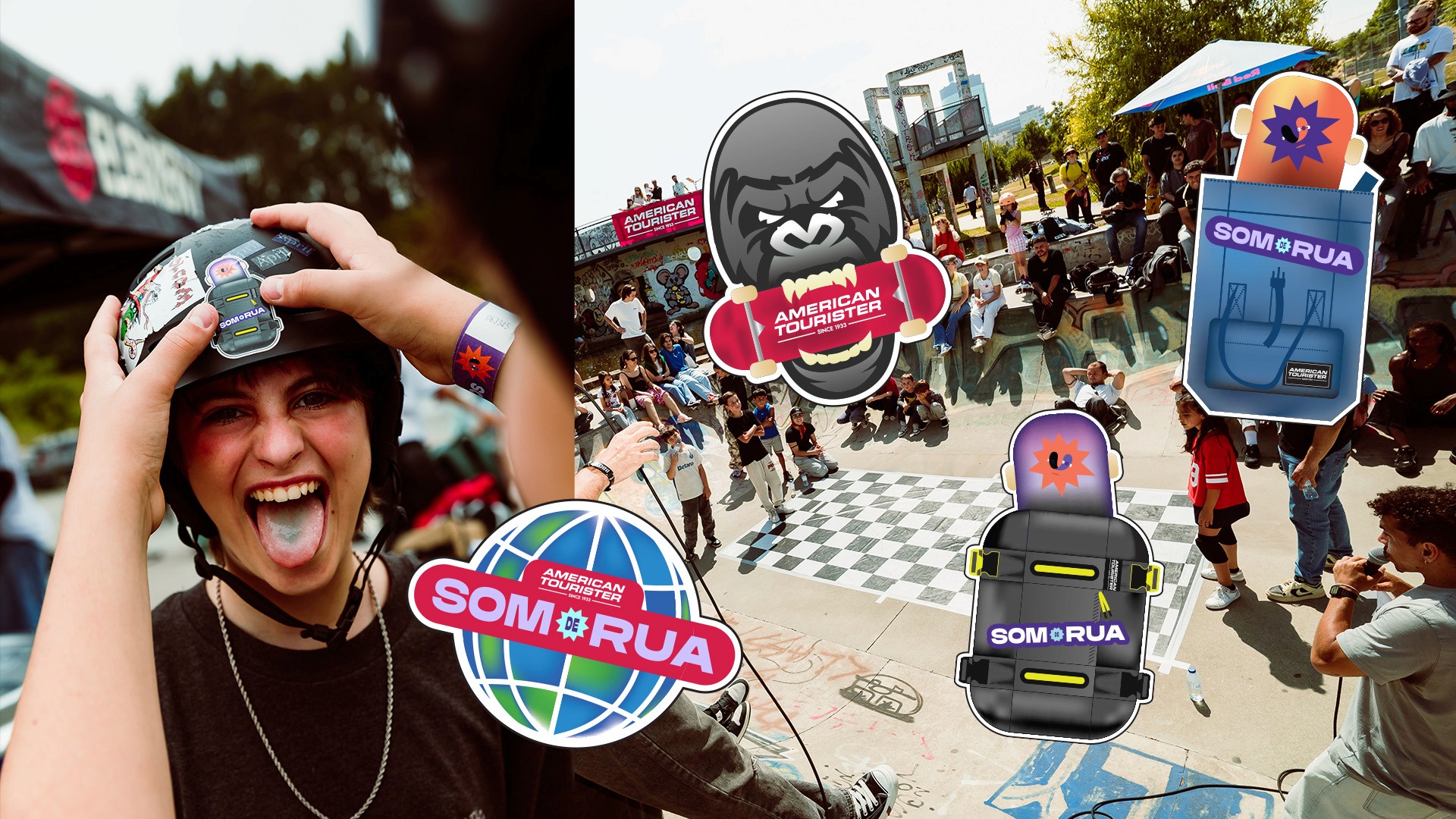 American Tourister Som&Rua skate event branding with gorilla sticker badges and a smiling helmeted attendee