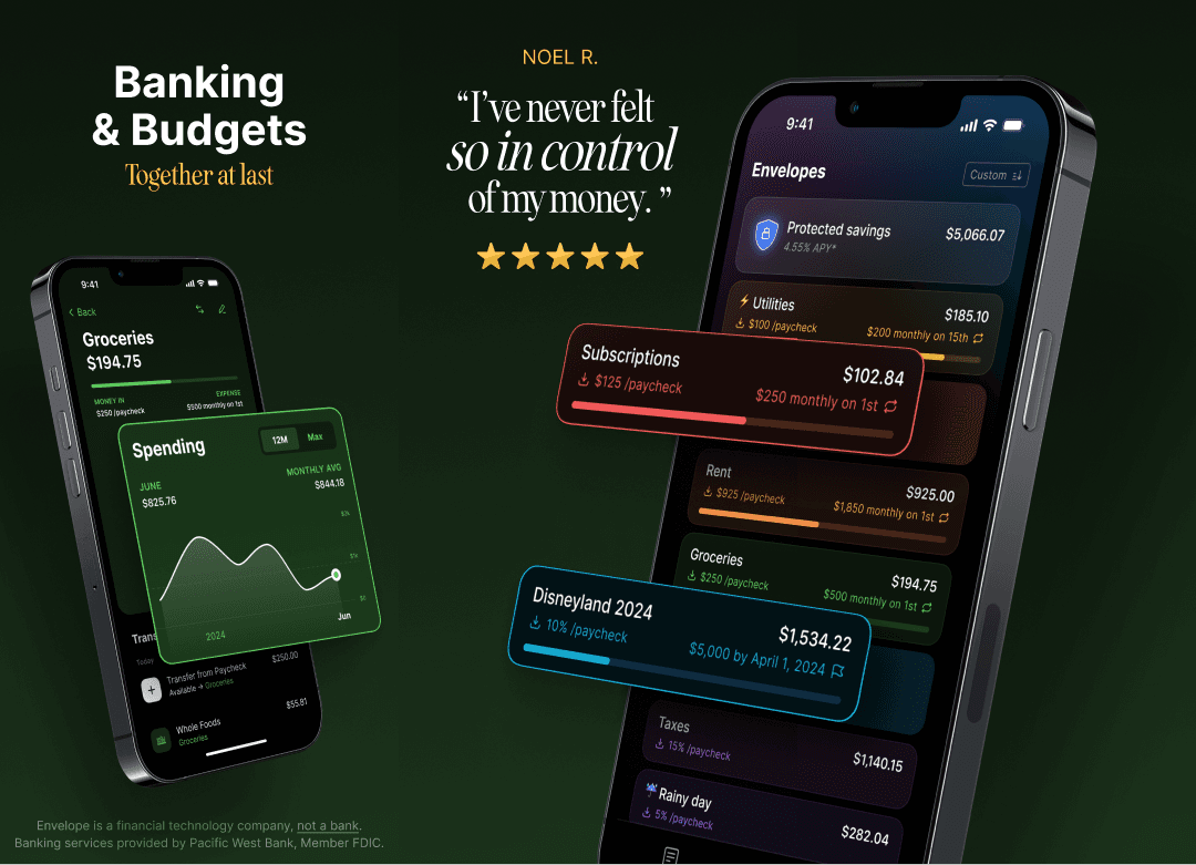 Envelope app image showing banking and budgeting together with envelope budget categories, spending insights, and a customer review.