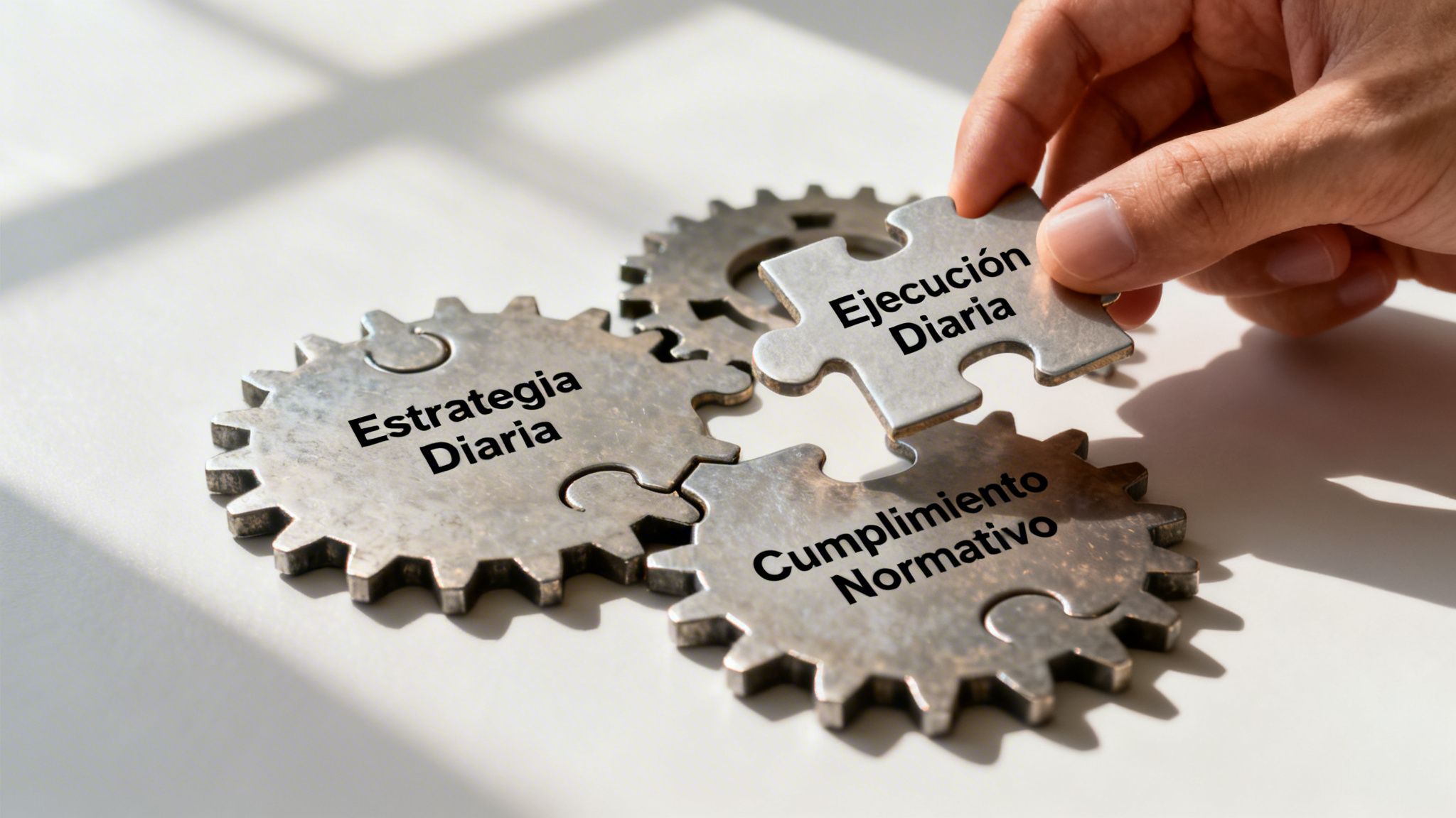 Una mano colocando una pieza de rompecabezas sobre engranajes metálicos con conceptos de gestión empresarial escritos.