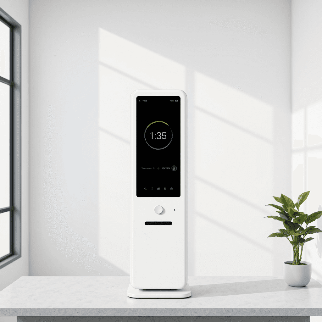 product photography of a health monitoring kiosk with a touchscreen display and measurement device