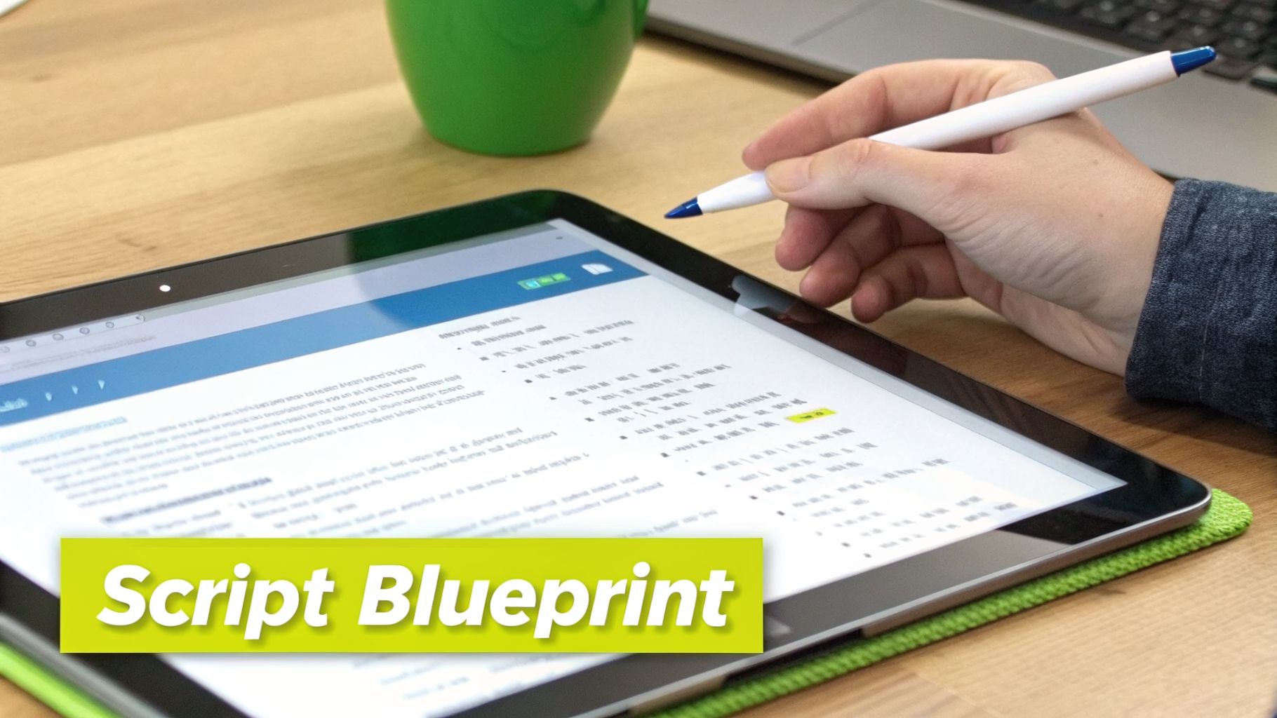 Person using a stylus to highlight text on a tablet, working on a script document.