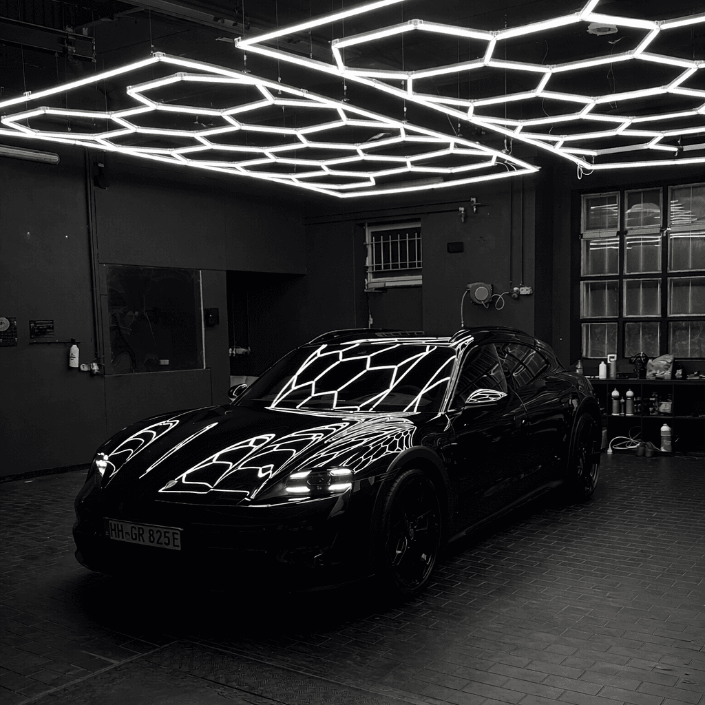 a man waxing a car in a garage