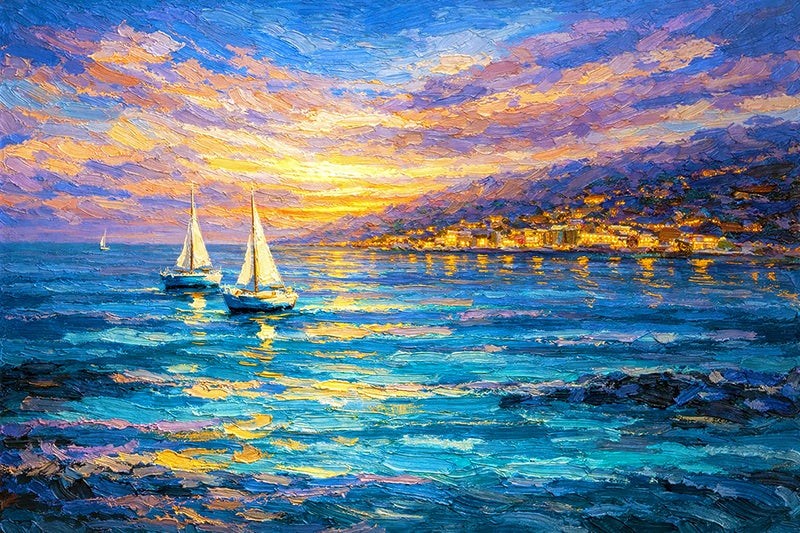Painting of sailboats on a body of water with a sunset sky.