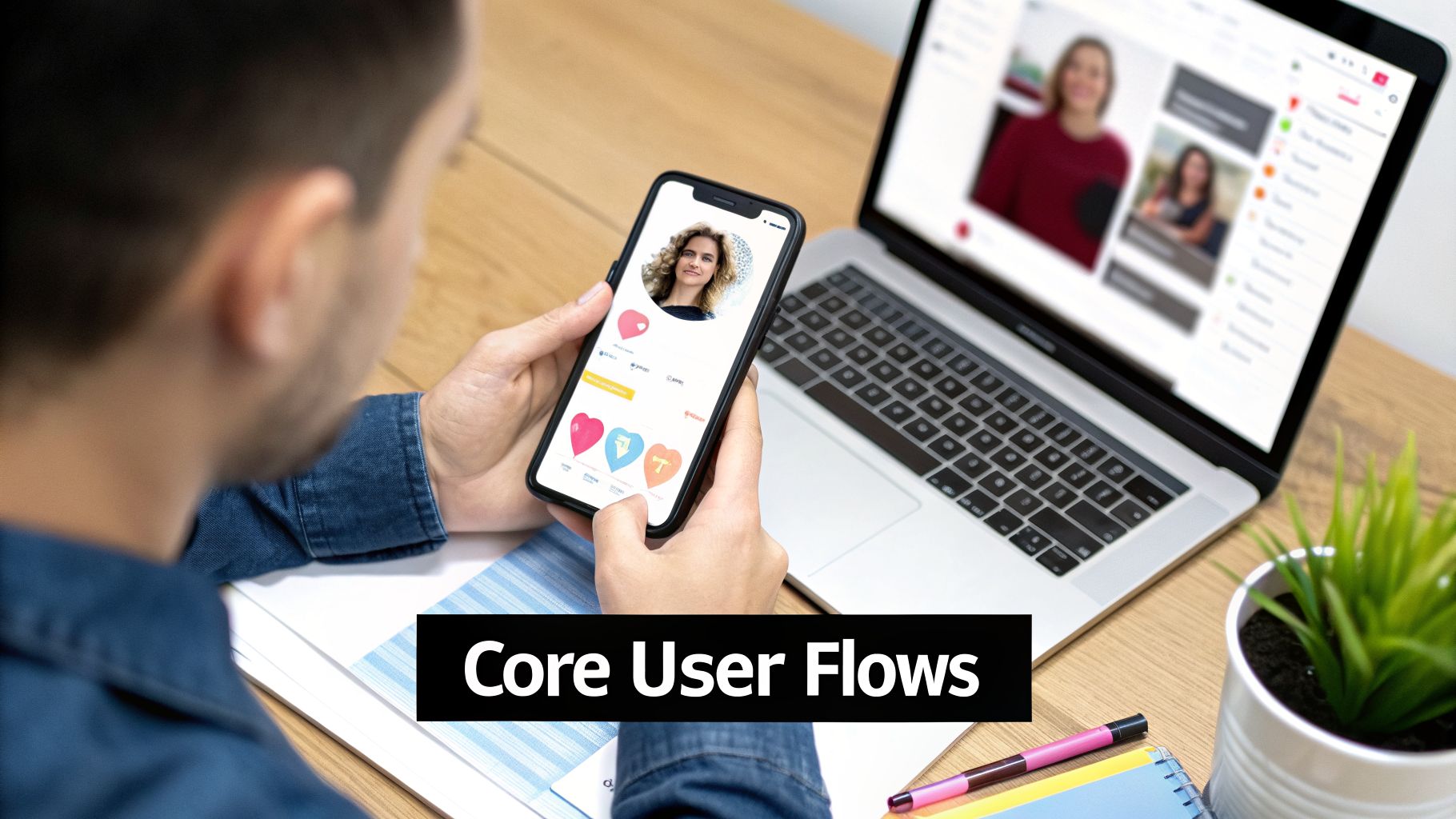 A person uses a smartphone showing a dating app profile with hearts, beside a laptop, illustrating user interaction.