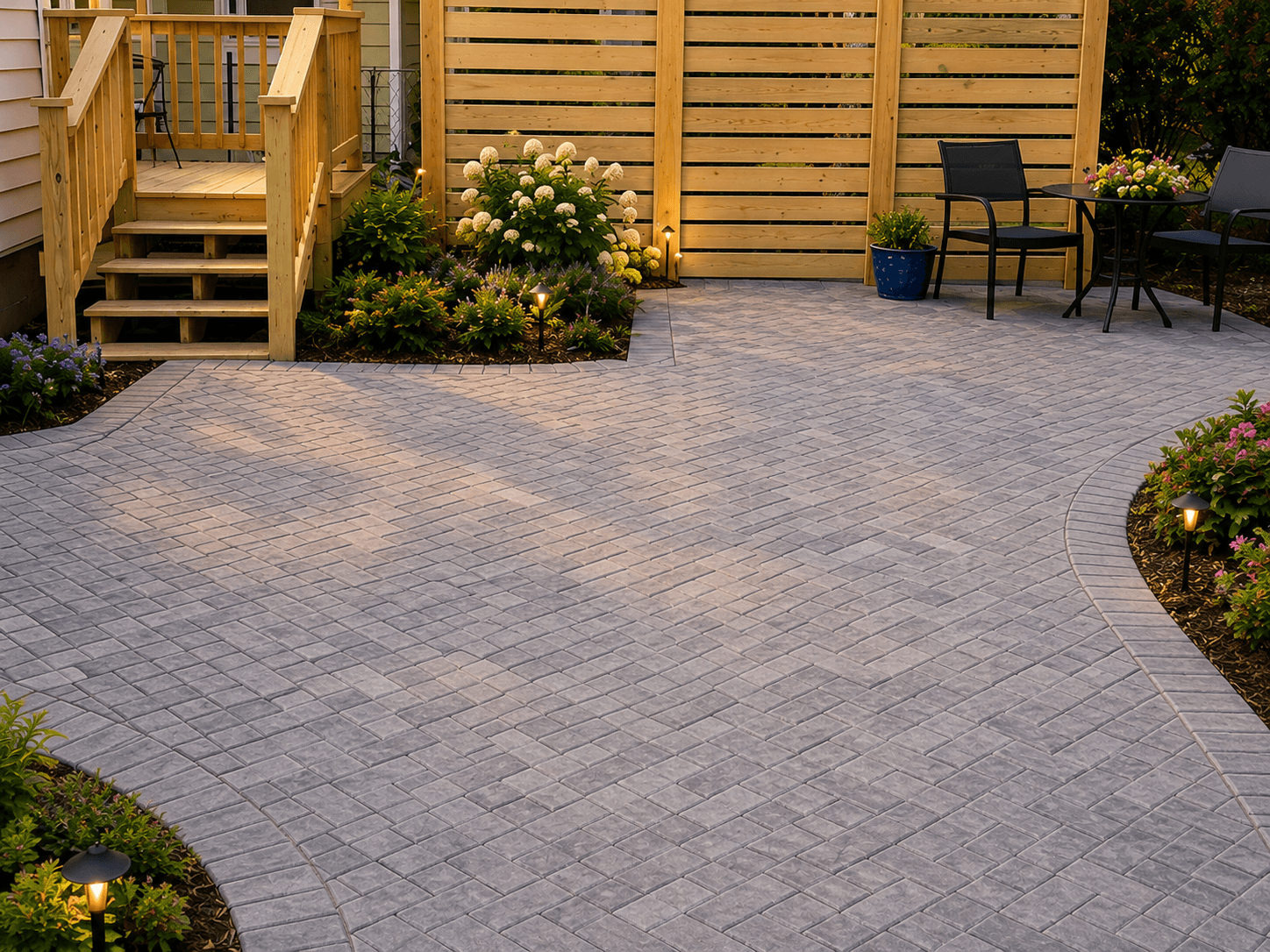 Durham, North Carolina backyard featuring a brick paver patio, wood screened wall, and attached deck installed by Concrete Hippo.