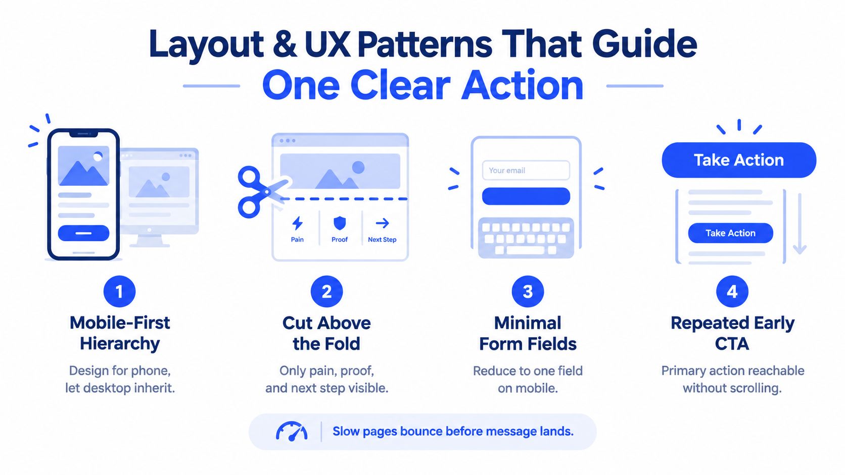 An infographic illustrating four effective layout and UX patterns for creating high-converting landing pages on mobile and desktop.