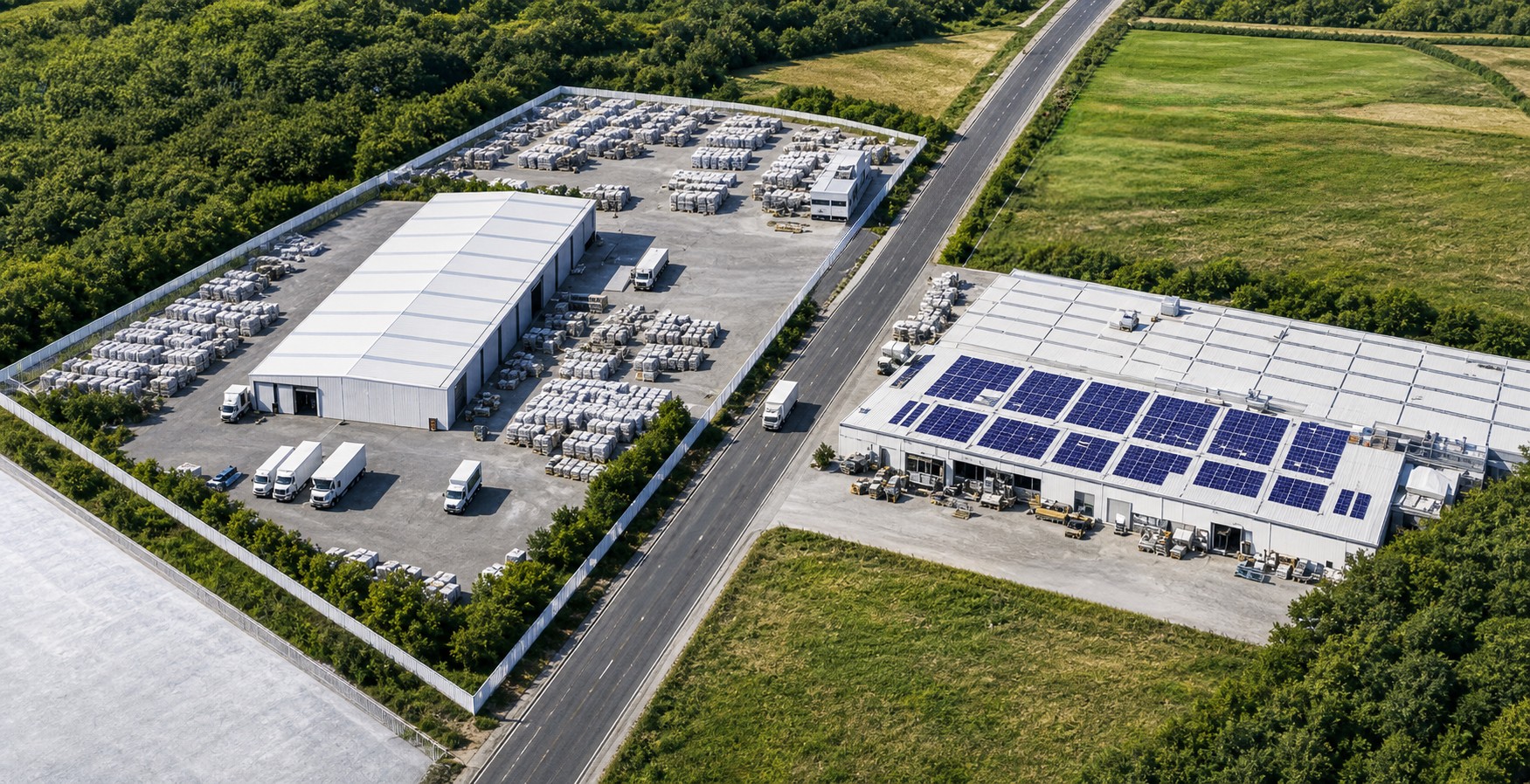 Vue aérienne d'un complexe logistique industriel avec entrepôts, camions et panneaux solaires, entouré de verdure