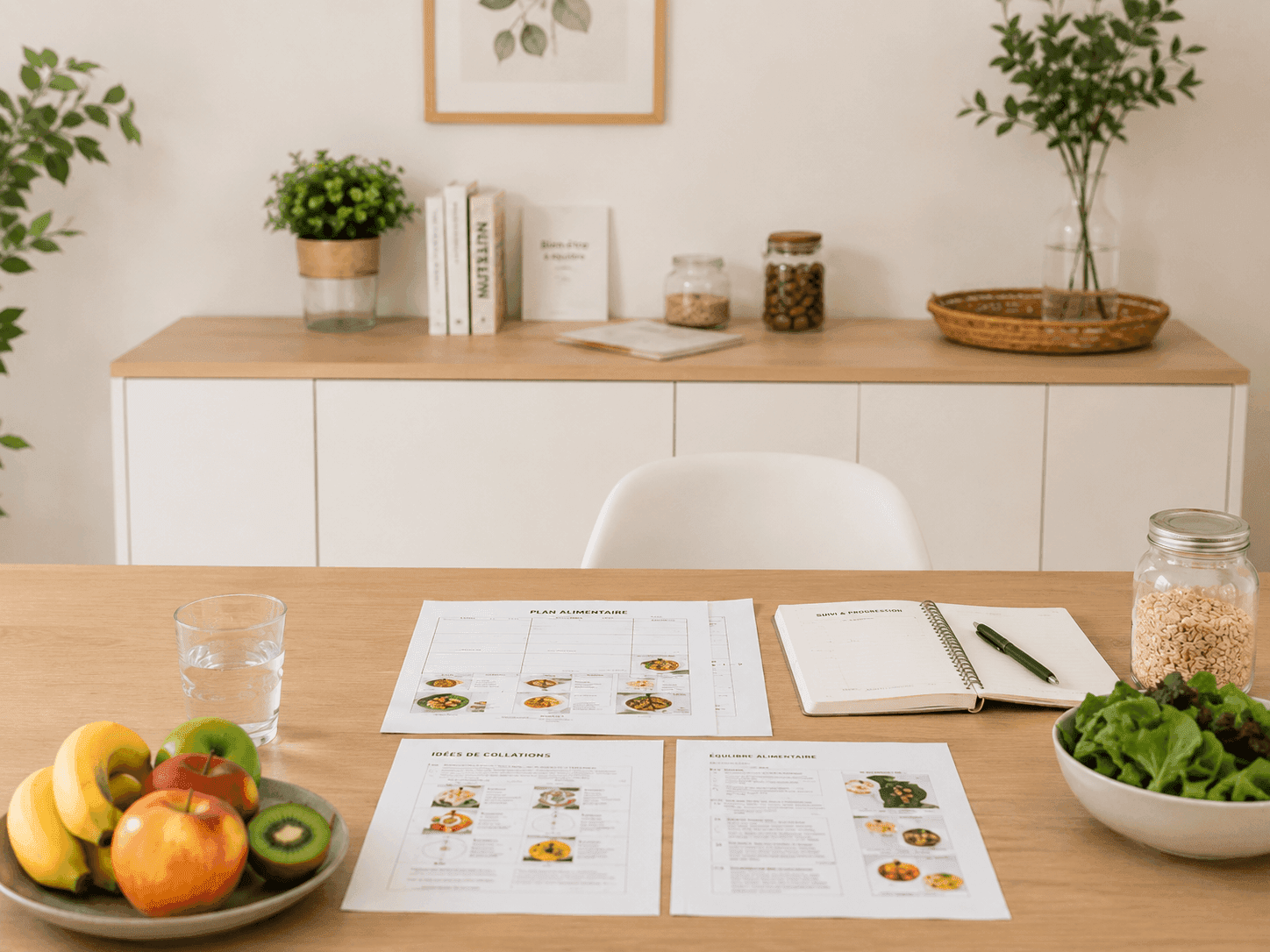 Supports de suivi diététique avec repères alimentaires, idées de collations et documents nutritionnels personnalisés.