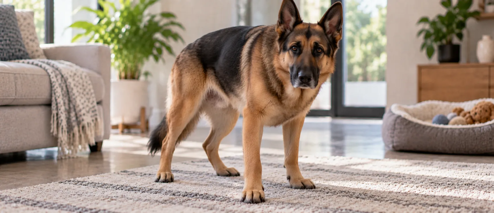 A dog walks with an uneven, strained gait, favouring its hind legs.