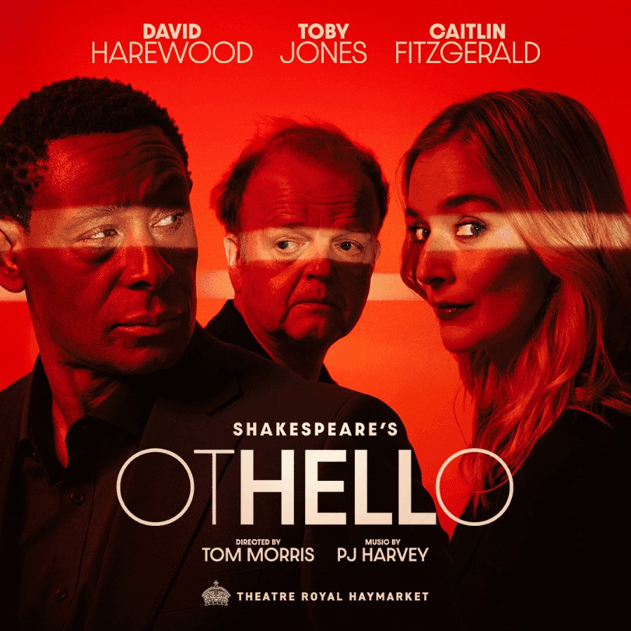 Shakespeare's Othello poster with David Harewood, Toby Jones and Caitlin Fitzgerald against a red background.