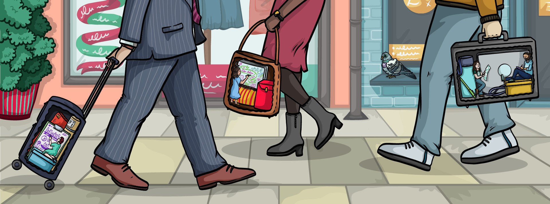 A hand drawn illustration of illustrators inside briefcases by Inky Thinking