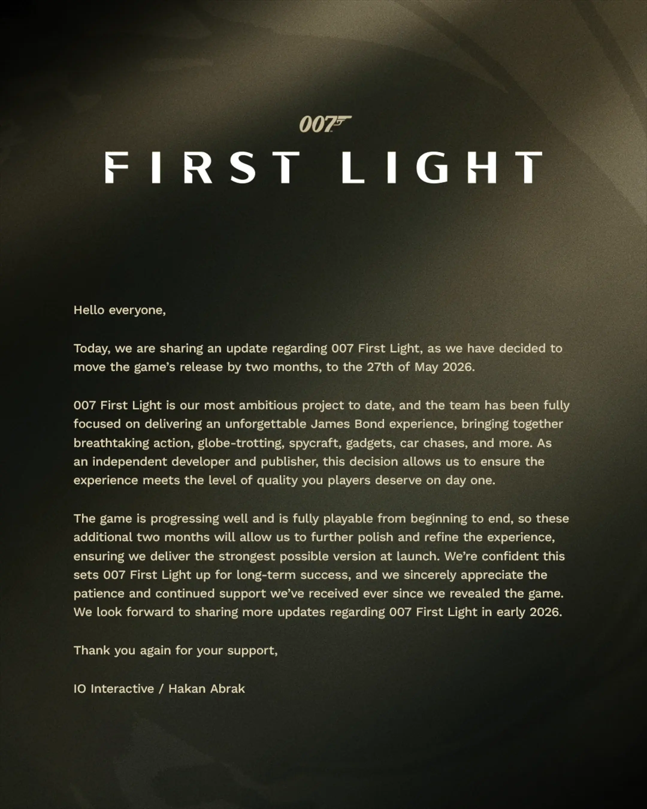 007 First Light delay, 007 First Light release date, James Bond game delay 2026, 007 First Light delayed to May 2026, IO Interactive James Bond game, 007 First Light news, James Bond game 2026, 007 First Light gameplay polish, IO Interactive Bond game update, 007 First Light platforms, 007 First Light PS5 Xbox PC, 007 First Light Nintendo Switch 2, James Bond origin game, 007 First Light launch date changed, 007 First Light delay explained, upcoming James Bond game, IO Interactive action adventure game, 007 First Light community reaction, 007 First Light Reddit reactions, James Bond video game news, 007 First Light pre order info
