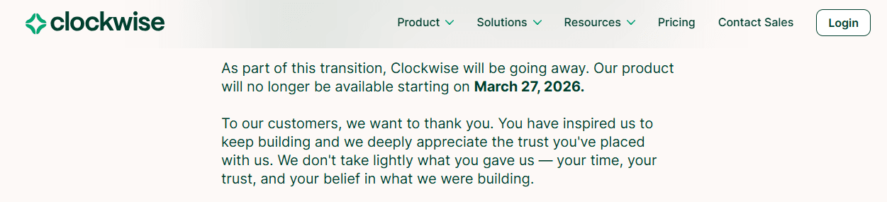 A screenshot of the Clockwise website showing that the company is indeed shutting down on March 27 2026