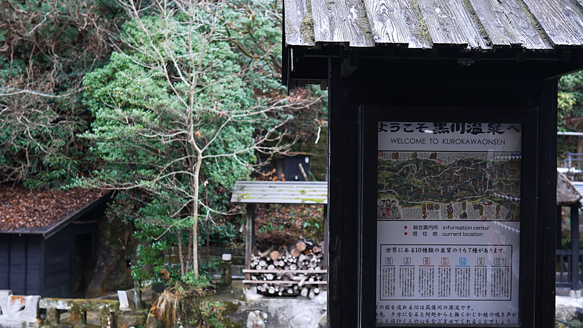 Welcome map board at Kurokawa Onsen with a hand-drawn village plan and the spring-water types found in the valley