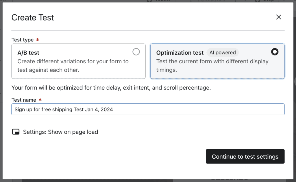 Klaviyo-Dialog Create Test mit ausgewähltem KI-gestütztem Optimierungstest für ein Anmeldeformular