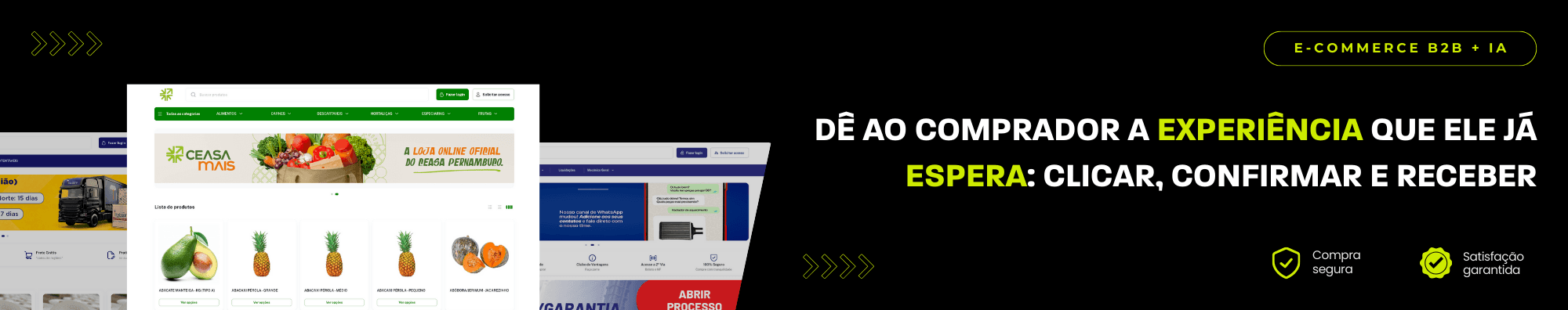 Banner horizontal com fundo escuro, ícones de segurança e satisfação, e imagens de lojas B2B exibidas à esquerda. Elementos gráficos em verde destacam o tema de e-commerce B2B com IA.