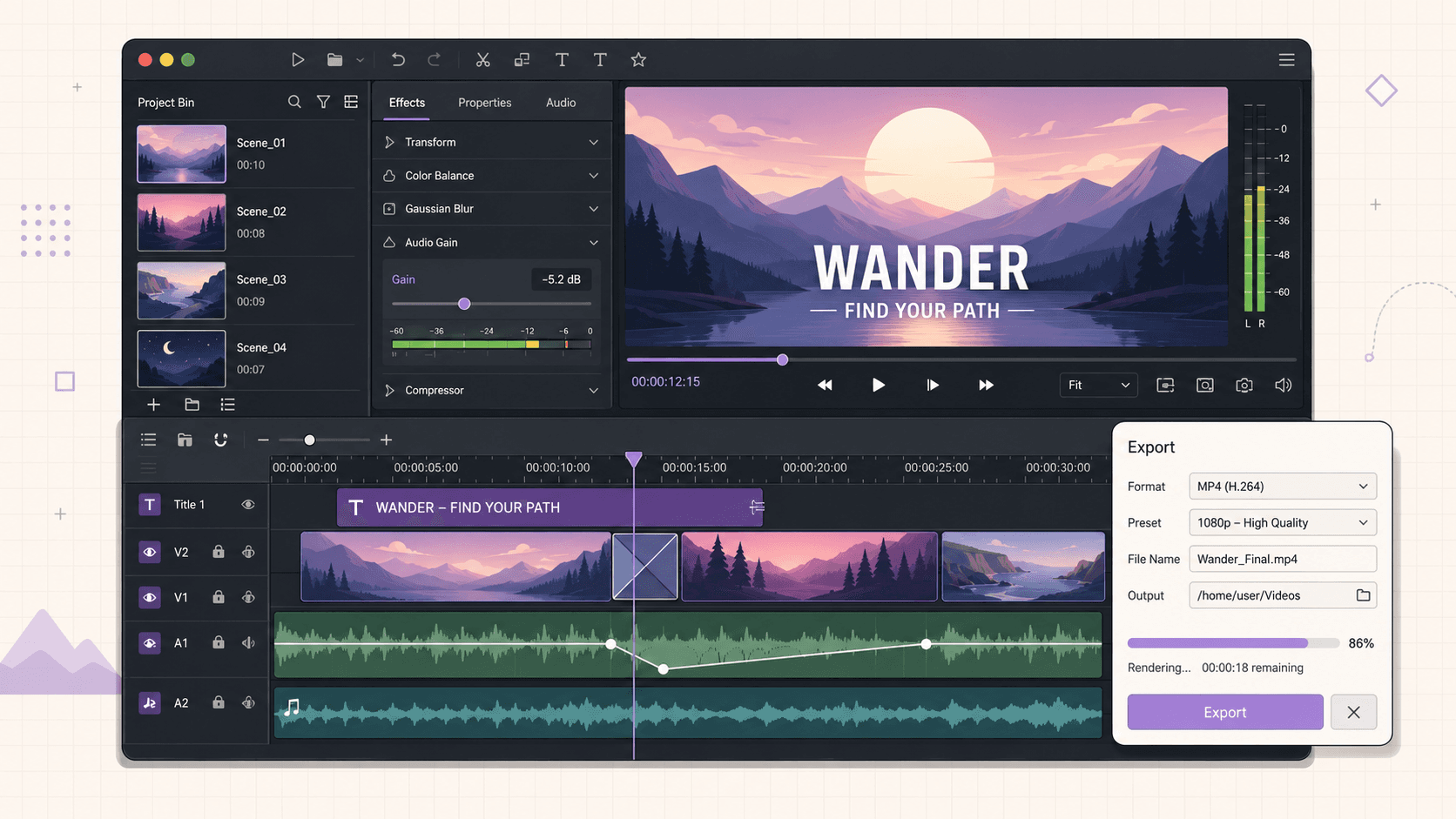 Kdenlive video-editing workspace with project media, effects, titles, multitrack audio, timeline editing, and video export progress.