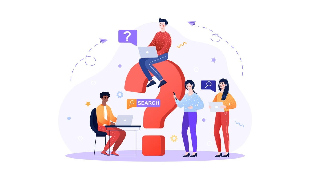 Illustration of a person surrounded by symbols like a question mark, light bulb, gears, and puzzle pieces.