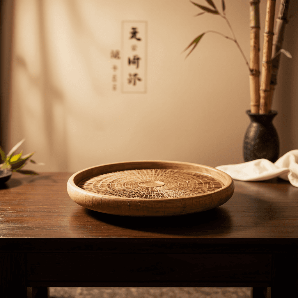 product photography of a round wooden serving tray with a rattan design