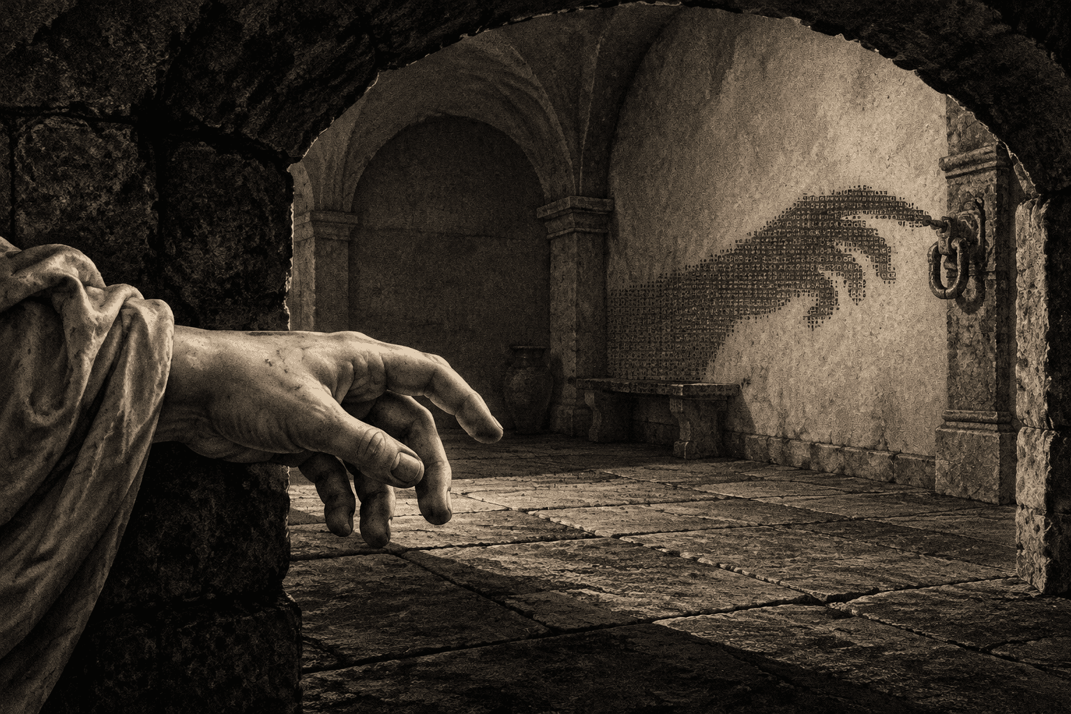 A marble hand held still while its shadow on the wall completes the reaching gesture ahead of it