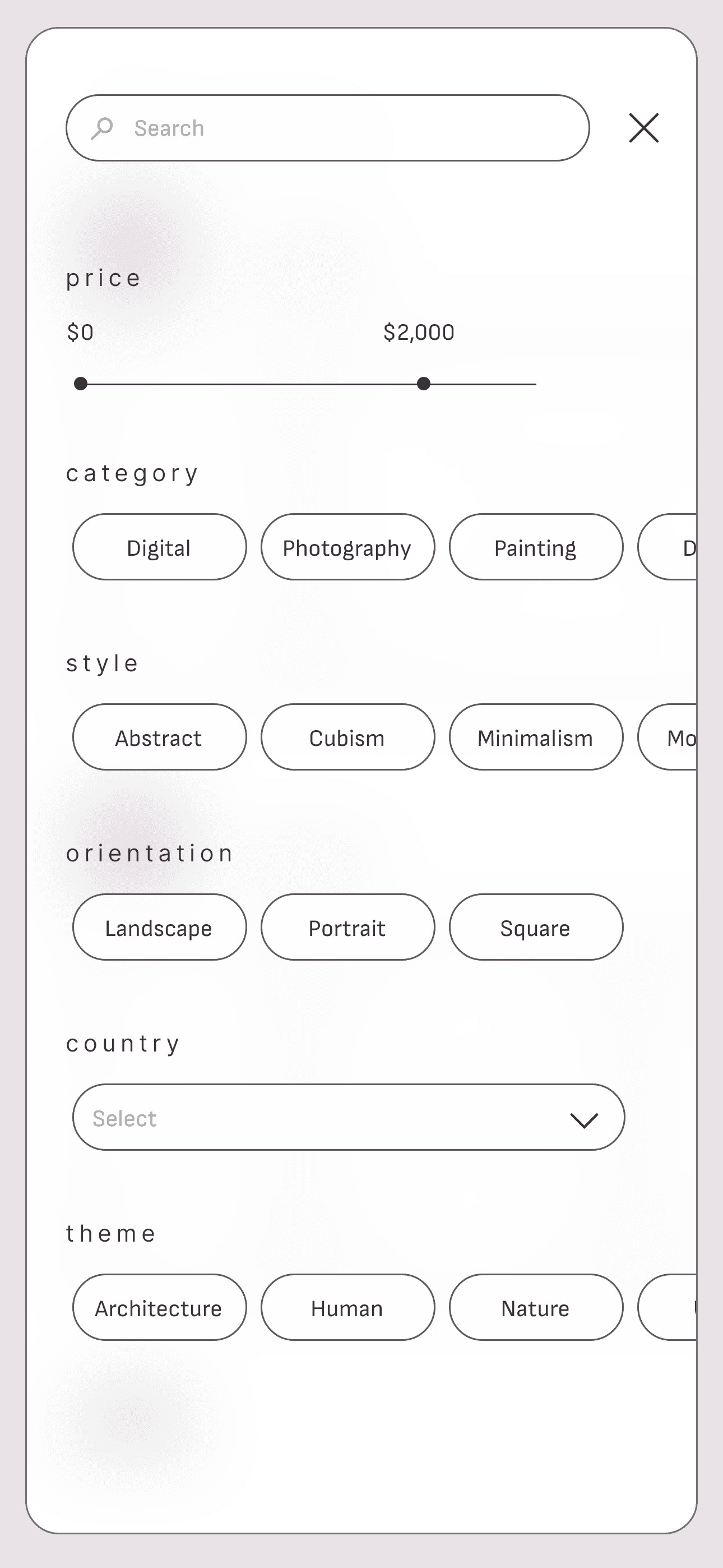 A phone screen showing the initial design's search filter capabilities for the art marketplace.