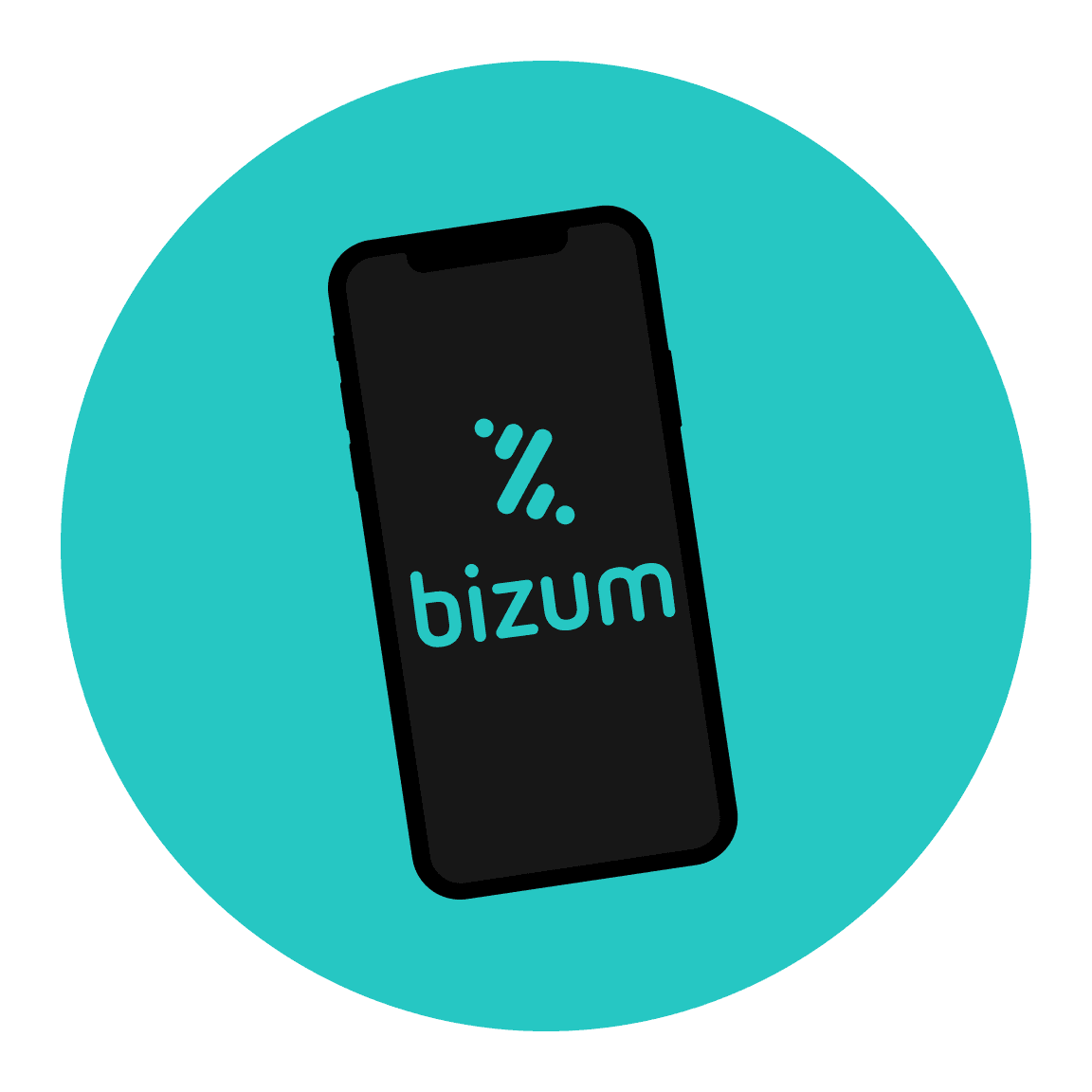 Gele hand die een telefoon vasthoudt met het bizum-betaallogo op het scherm.